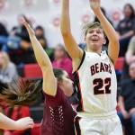 Juneau-Douglas Caitlin Pusich, right, shoots against Ketchikans Nadire Zhuta at JDHS on Friday, Feb. 22, 2019. JDHS won 56-38. (Michael Penn | Juneau Empire)