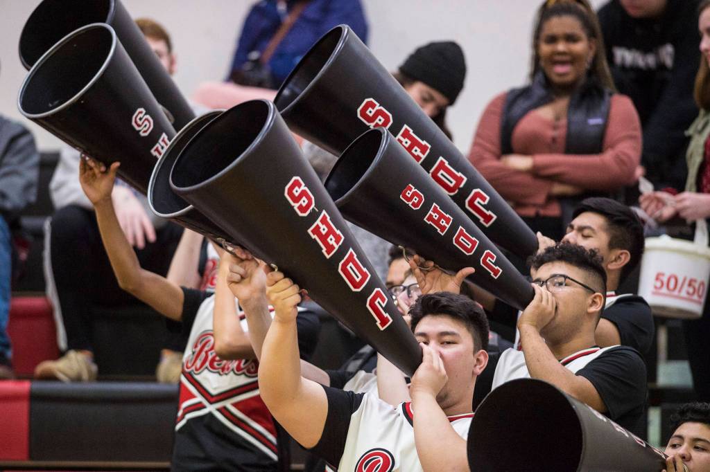 Juneau-Douglas cheer squad roots against Ketchikan at JDHS on Friday, Feb. 22, 2019. JDHS won 56-38. (Michael Penn | Juneau Empire)