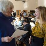University of Alaska Southeast sophomore Shelby Clark, right, talks with Alison Browne during a scholarship recognition luncheon for 21 student scholarship recipients and their donors at the UAS Rec Center on Friday, Feb. 22, 2019. Clark, a Geography major with an emphasis in Environmental Studies, is the recipient of the Frederick and Carl Eastaugh Scholarship named after Brownes parents. Corporate and individual donors have contributed more than $300,000 in scholarships to UAS students just this last academic year. (Michael Penn | Juneau Empire)