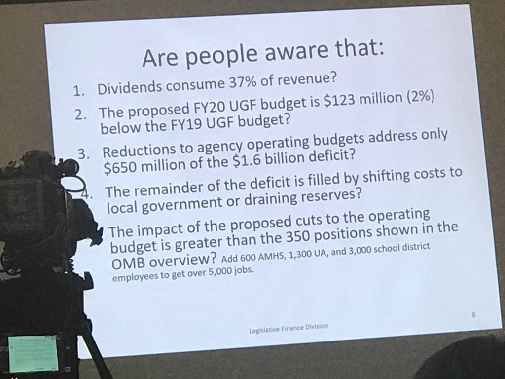 A slide from a budget presentation to to the Senate Finance Committee at the Capitol on Tuesday, Feb. 26, 2019.