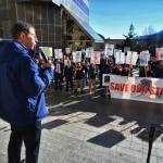 Sen. Jessee Kiehl, D-Juneau, speaks during a rally oof state union workers in front of the Capitol on Wednesday, Feb. 27, 2019. (Michael Penn ι Juneau Empire)