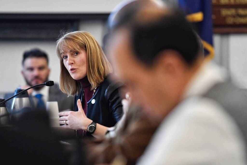 Sen. Natasha von Imhof, R-Anchorage, Co-Chair of the Senate Finance Committee, asks a question during the Department of Revenue presentation of the states cash flow at the Capitol on Thursday, Feb. 28, 2019. (Michael Penn| Juneau Empire)