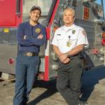 March 24, 2019: Theres just something about a guy in a uniform, and Cheyenne Sanchez and Ed Quinto both wear theirs well. Cheyenne is sporting a Capital City Fire and Rescues Class C or normal daily duty uniform  a navy T-shirt and navy pants. Ed is wearing the Class B uniform  a white shirt with his Assistant Fire Chief Badge and black pants. A white shirt signifies a chief officer or fire marshal. Zippered boots are a must so they can quickly get into gear to respond to a call. Thanks for your service guys  you both look great!