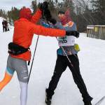 Arne Ellefson-Carnes congratulates Ambrose Bucy as he finishes the second and final leg of the Yukon Ski Marathon at Mt. McIntyre Recreation Area in Whitehorse, Yukon, on Saturday, March 2, 2019. Ellefson and teammate Koa Doddridge placed 10th in the 50-kilometer relay. Bucy and teammate Georg Buchhardt placed 12th. Dos Amigos (Aaron Blust and Finn Morley) was the fastest Juneau team in the race with their seventh-place finish in 3 hours, 4 minutes, 42 seconds. (Courtesy Photo | Gretchen Harrington)