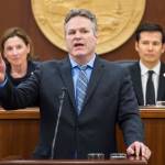 In this Jan. 22, 2018 photo, Gov. Mike Dunleavy give his State of the State speech to a Joint Session of the Alaska Legislature as Senate President Cathy Giessel, R-Anchorage, left, and House Speaker Pro Tempore Rep. Neal Foster, D-Nome, listen at the Capitol. (Michael Penn | Juneau Empire File)