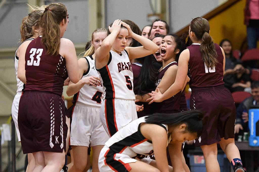 Juneau-Douglas Kiana Potter reacts following the Crimson Bears 52-51 loss to Ketchikan during the Region V Tournament semifinals in the B.J. McGillis Gymnasium at Mt. Edgecumbe High School in Sitka. (Dustin Safranek | Ketchikan Daily News)
