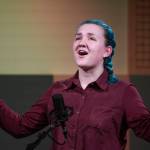Iris Downey of Homer HIgh School recites one of her three poems at the annual Poetry Out Loud State Championships held at KTOOs @360 Studio on Thursday, March 7, 2019. (Michael Penn | Juneau Empire)