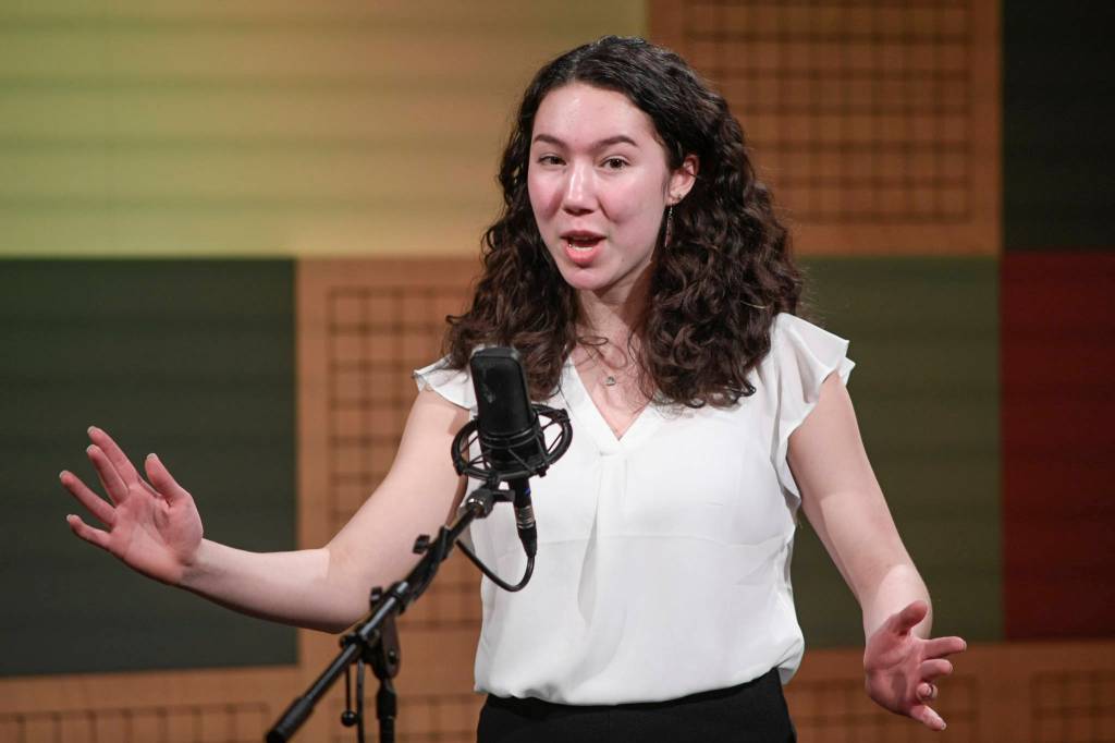 Natalie</span> Fraser of West Anchorage High School recites one of her three poems at the annual Poetry Out Loud State Championships held at KTOOs @360 Studio on Thursday, March 7, 2019. Fraser placed second in the event. (Michael Penn | Juneau Empire)