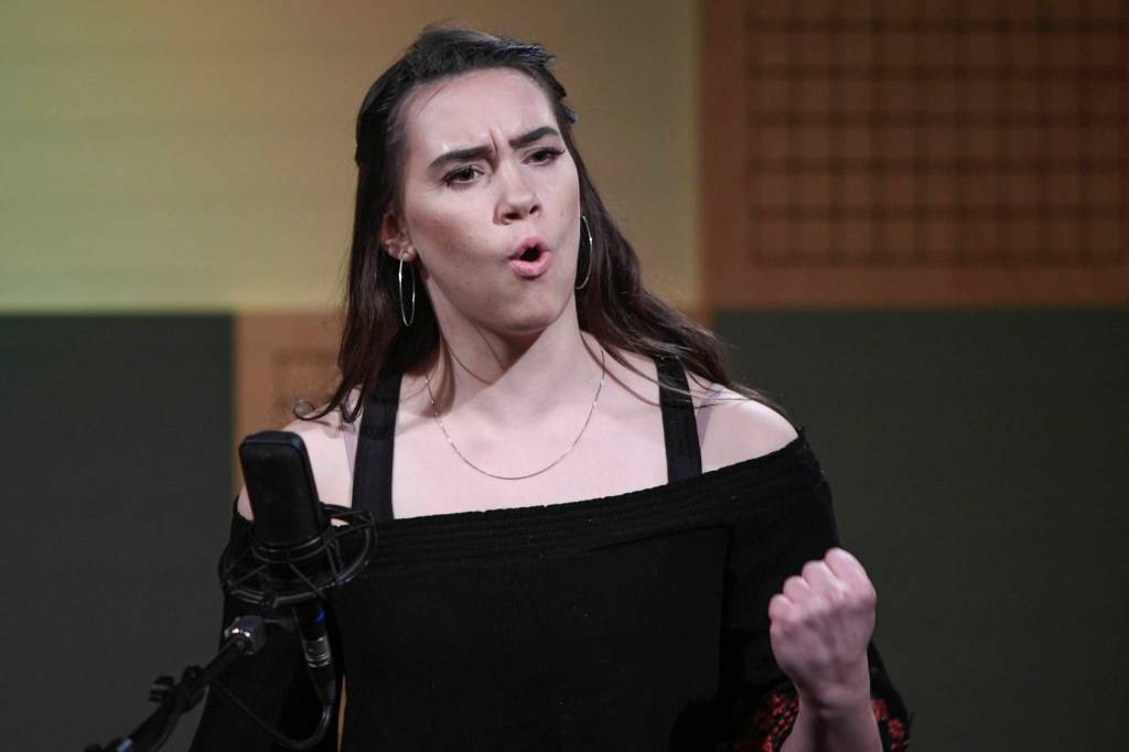 Moriah Jacobsen of Glennallen High School recites one of her three poems at the annual Poetry Out Loud State Championships held at KTOOs @360 Studio on Thursday, March 7, 2019. (Michael Penn | Juneau Empire)