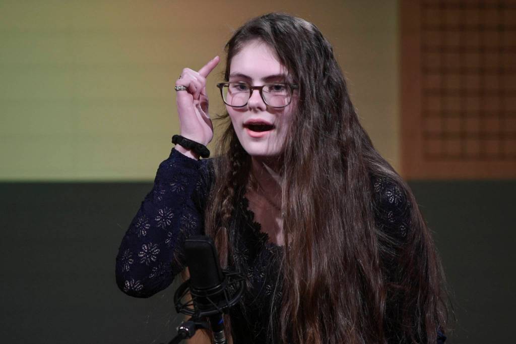 Talisa McKinley of Ketchikan High School recites one of her three poems at the annual Poetry Out Loud State Championships held at KTOOs @360 Studio on Thursday, March 7, 2019. (Michael Penn | Juneau Empire)
