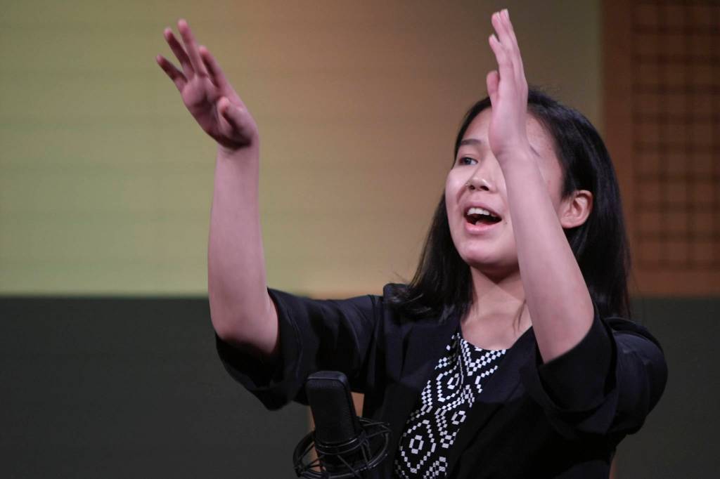 Florence Sarren of Frank A Degnan High School in Unalakleet recites one of her three poems at the annual Poetry Out Loud State Championships held at KTOOs @360 Studio on Thursday, March 7, 2019. (Michael Penn | Juneau Empire)
