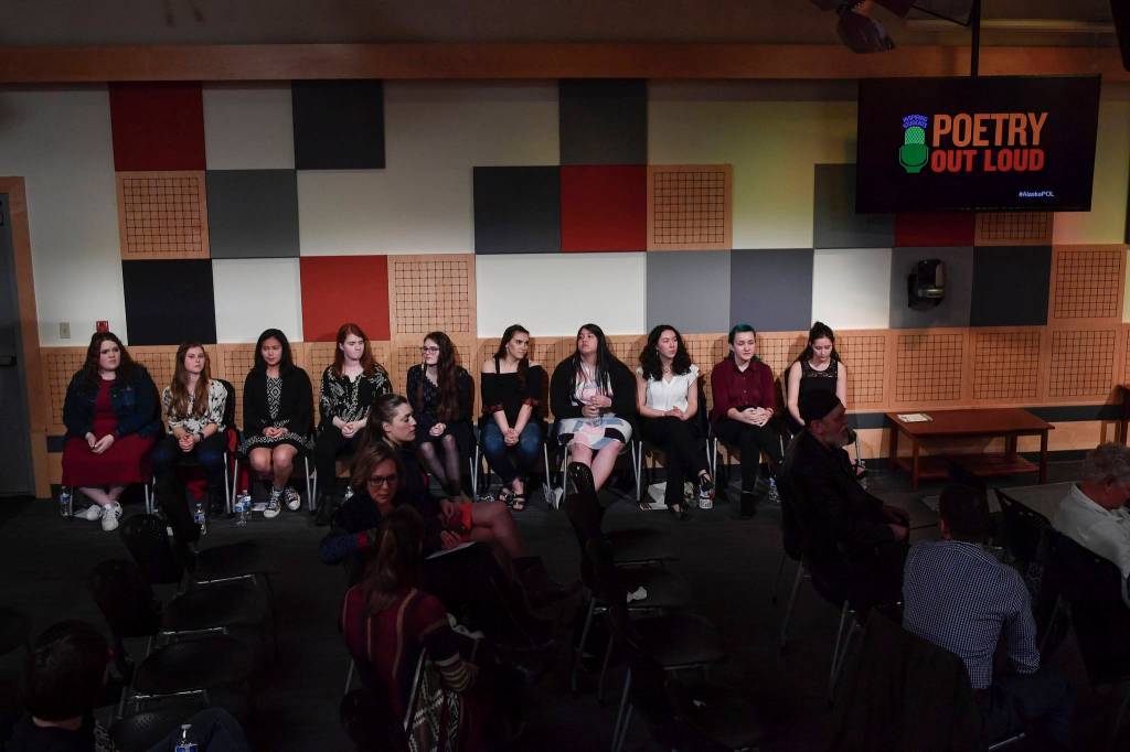 Ten contestants wait for one of three rounds at the annual Poetry Out Loud State Championships held at KTOOs @360 Studio on Thursday, March 7, 2019. (Michael Penn | Juneau Empire)