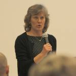 Jan Caulfield moderates a town hall meeting about Gov. Mike Dunleavys proposed budget on Tuesday. (Alex McCarthy | Juneau Empire)