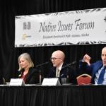 Rep. Dan Ortiz, I-Ketchikan, right, reacts as Rep. Jonathan Kreiss-Tompkins, D-Sitka, mentions a bill to move legislative meetings to Anchorage as they speak at the Native Issues Forum with Sen. Jesse Kiehl, D-Juneau, left, and Rep. Andi Story, D-Juneau, in the Elizabeth Peratrovich Hall on Wednesday, March 13, 2019. (Michael Penn | Juneau Empire)