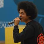 Tlingit rapper Arias Hoyle performs during the 2019 Traditional Games opening ceremonies. (Nolin Ainsworth | Juneau Empire)