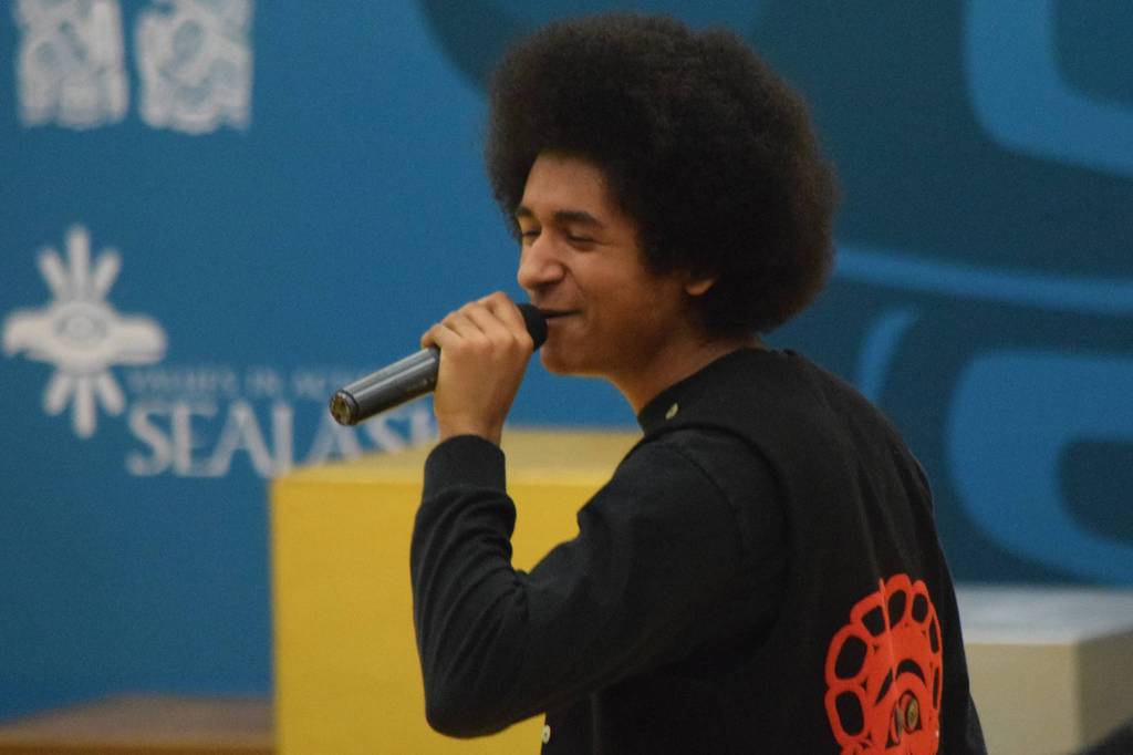 Tlingit rapper Arias Hoyle performs during the 2019 Traditional Games opening ceremonies. (Nolin Ainsworth | Juneau Empire)