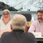 Juneau Mayor Beth Weldon and Lance Stevens, hospital board president, speak during a joint meeting with the City and Borough of Juneau Assembly Tuesday, March 19, 2019. (Ben Hohenstatt | Juneau Empire)