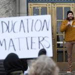 In this Feb. 13, 2019 photo, University of Alaska Southeast Student Body President Nick Bursell speaks at a rally for funding the University of Alaska in front of the Capitol. (Michael Penn | Juneau Empire File)