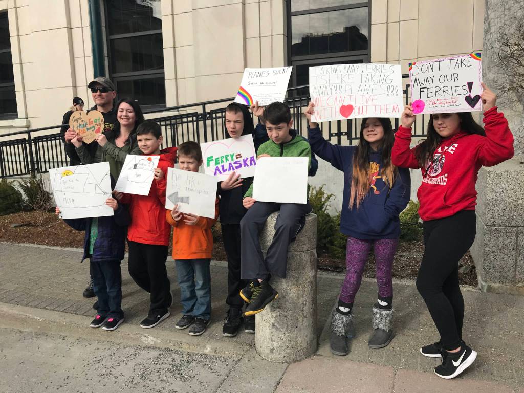 Hundreds of people attend the Alaska Public Employees Associations Save the Alaska Marine Highway System rally in front of the Capitol on Wednesday, March 20, 2019. (Mollie Barnes | Juneau Empire)