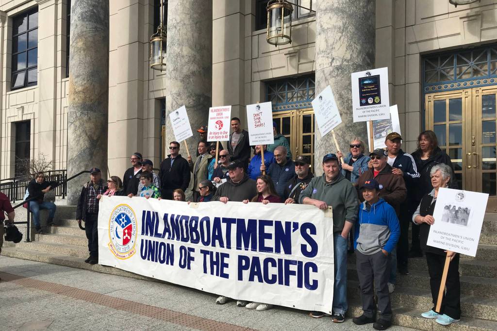 Hundreds of people attend the Alaska Public Employees Associations Save the Alaska Marine Highway System rally in front of the Capitol on Wednesday, March 20, 2019. (Mollie Barnes | Juneau Empire)