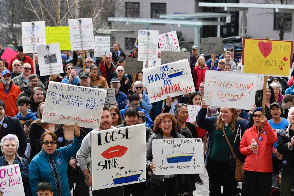 Hundreds of people attend the Alaska Public Employees Associations Save the Alaska Marine Highway System rally in front of the Capitol on Wednesday, March 20, 2019. (Michael Penn | Juneau Empire)