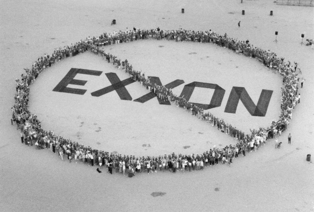 In this July 17, 1989 photo, around 200 people showed up at Fiesta Island in San Diego, to protest the use of Exxon products. The Exxon Valdez tanker struck Alaskas Bligh Reef on March 24, 1989, while bound for California. It spilled about 11 million gallons of crude oil, which storms and currents smeared across about 1,300 miles of shoreline. (Brent Clingman | Associated Press File)