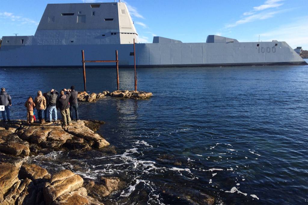 The future USS Zumwalt, pictured here underway for the first time conducting at-sea tests and trials on the Kennebeck River, made a stop in Ketchikan Saturday, March 23. ( Courtesy Photo | U.S. Navy photo)
