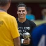 Hydaburgs TJ Young receives his MVP award after Hydaburg beat Klukwan in the C final at the Gold Medal Basketball Tournament on Saturday, March 23, 2019. Hydaburg won 93-81. (Michael Penn | Juneau Empire)