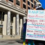 Lin Davis holds a protest against Gov. Mike Dunleavys state budget proposals with a sandwich board of potenial menu items in front of the Capitol on March 7, 2019. (Michael Penn | Juneau Empire File)