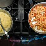 Erin Anais Heist prepares a spaghetti squash, prawns, bacon and egg breakfast dish in her home kitchen on Thursday, March 28, 2019. (Michael Penn | Juneau Empire)