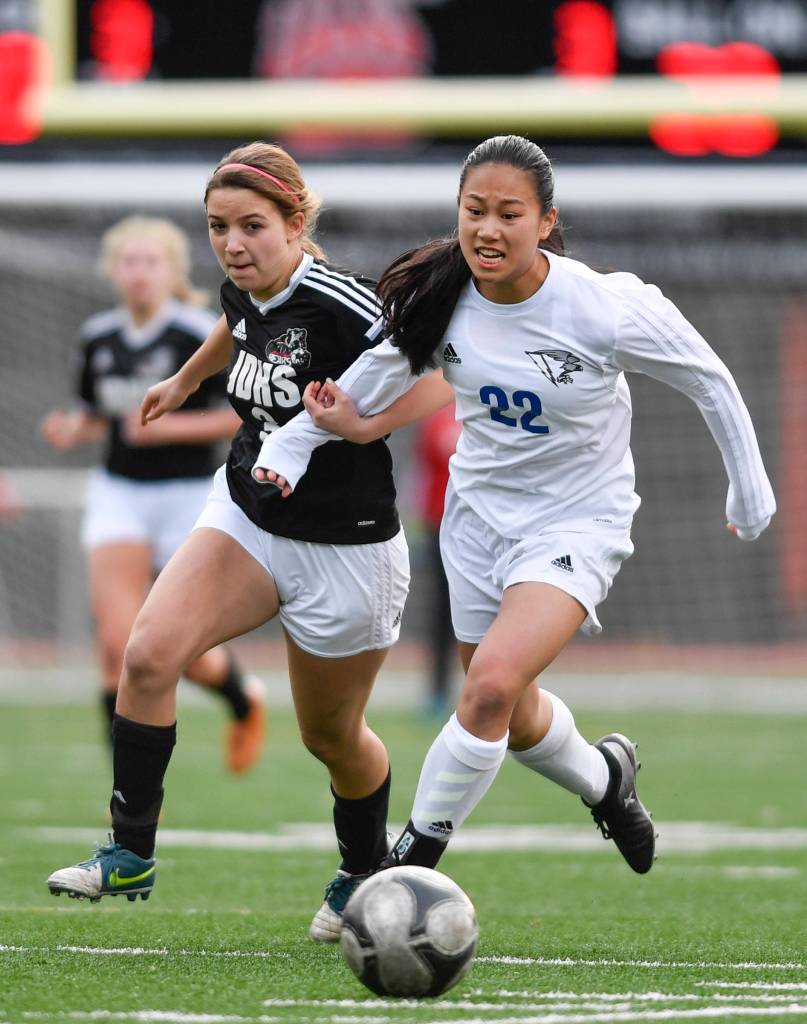 Juneau-Douglas Erica Hurtte, left, competes against Thunder Mountains Molly Brocious for the ball at Adair-Kennedy Memorial Field on Wednesday, April 3, 2019. JDHS won 8-0. (Michael Penn | Juneau Empire)
