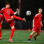 Juneau-Douglas Kaiden Wilshusen clears the ball against Clarkson at Adair-Kennedy Memorial Field on Wednesday, April 3, 2019. Clarkson won 1-0. (Michael Penn | Juneau Empire)