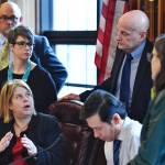 House Finance Committee members talk about an amendment to repeal the Ocean Ranger program during a committee meeting at the Capitol on Thursday, April 4, 2019. The Ocean Ranger program was approved through a voter ballot initiative in 2006. From left: Rep. Andy Josephson, D-Anchorage, Rep. Kelly Merrick, R-Eagle River, Co-Chair Tammie Wilson, R-North Pole, Co-Chair Neal Foster, D-Nome, Rep. Dan Ortiz, I-Ketchikan, and Rep. Jennifer Johnston, R-Anchorage. The amendment passed 8-3. (Michael Penn | Juneau Empire)
