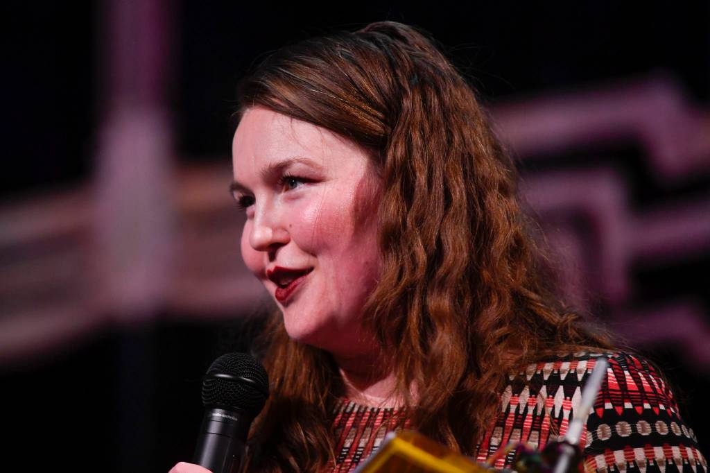 Johanna Evans emcees the first night of the 45th annual Alaska Folk Festival at Centennial Hall on Monday, April 8, 2019. (Michael Penn | Juneau Empire)