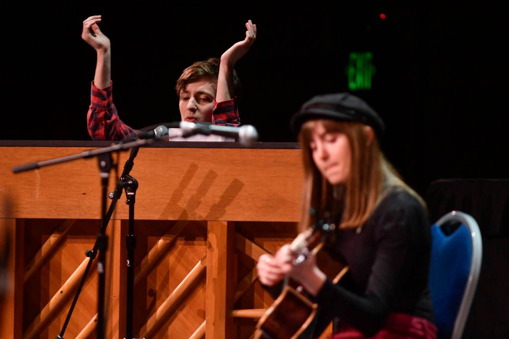 Nakenna Kotlarov and her brother Zander, of Juneau, perform at the 45th annual Alaska Folk Festival at Centennial Hall on Monday, April 8, 2019. (Michael Penn | Juneau Empire)