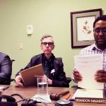Alaska Human Rights Commission members Marcus Sanders, left, David Barton, middle, and chairman Brandon Nakasato are shown at the conclusion of a commission meeting on April 1 in Anchorage, Alaska. Two Alaska commission board members have submitted their resignations after the state agency found itself in the middle of a controversy. Nakasoto and commissioner Freddie Olin IV, not shown, both announced they were quitting following the Monday, April 8 resignation of executive director Marti Buscalgia. She was suspended Friday for 15 days after complaining on the commissions Facebook page about a Black Rifles Matter sticker she saw it on a pickup in the parking lot. (Mark Thiessen | Associated Press)