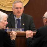 Speaker of the House Bryce Edgmon, center, speaks with Rep. Louise Stutes, R-Kodiak and Rep. Steve Thompson, R-Fairbanks during a House floor session on Wednesday, April 10, 2019. (Alex McCarthy | Juneau Empire)