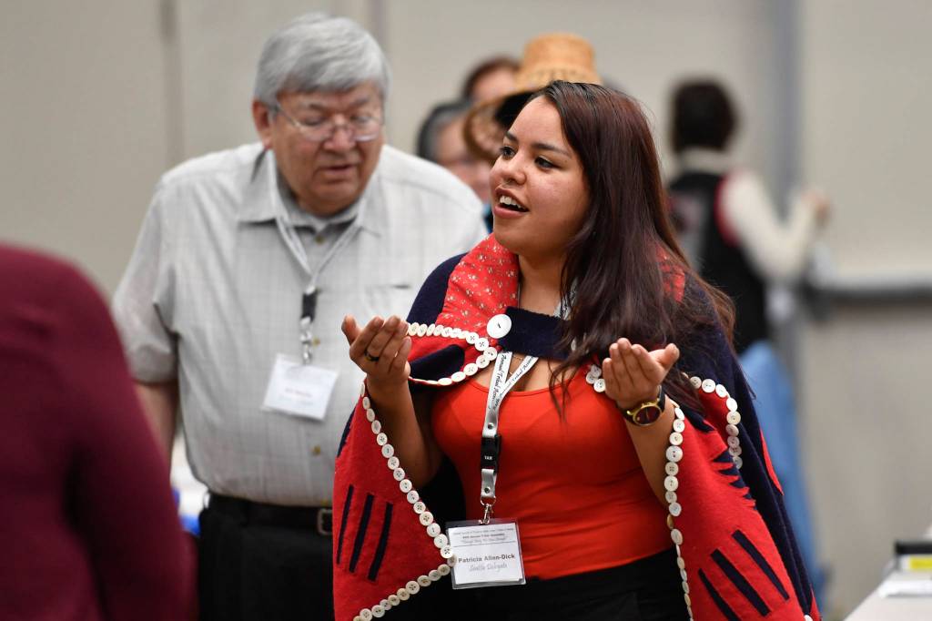 Seattle delegate Patricia Allen-Dick dances during the opening of the 84th annual Tribal Assembly of the Central Council of Tlingit and Haida Indian Tribes of Alaska at the Elizabeth Peratrovich Hall on Wednesday, April 10, 2019. (Michael Penn | Juneau Empire)