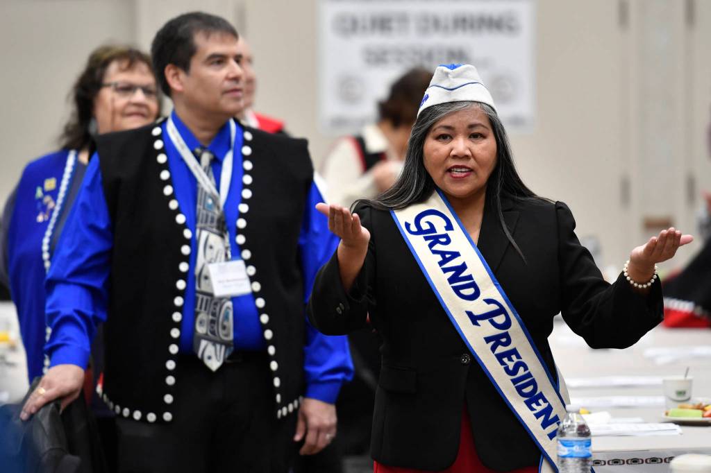 Paulette Moreno, Alaska Native Sisterhood Grand Camp President, dances during the opening of the 84th annual Tribal Assembly of the Central Council of Tlingit and Haida Indian Tribes of Alaska at the Elizabeth Peratrovich Hall on Wednesday, April 10, 2019. (Michael Penn | Juneau Empire)