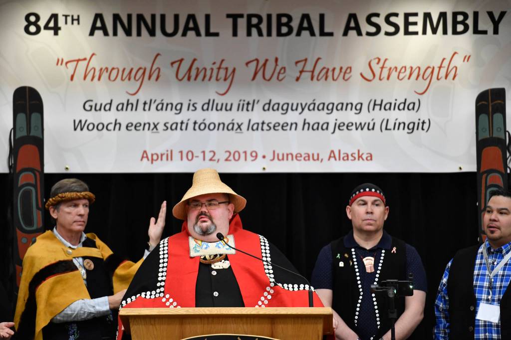 Richard Peterson, President of the Central Council of Tlingit and Haida Indian Tribes of Alaska, watches over the opening of the 84th annual Tribal Assembly at the Elizabeth Peratrovich Hall on Wednesday, April 10, 2019. (Michael Penn | Juneau Empire)