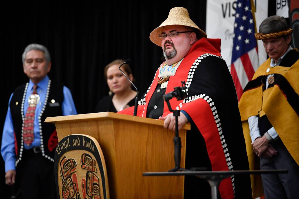 Richard Peterson, President of the Central Council of Tlingit and Haida Indian Tribes of Alaska, watches over the opening of the 84th annual Tribal Assembly at the Elizabeth Peratrovich Hall on Wednesday, April 10, 2019. (Michael Penn | Juneau Empire)