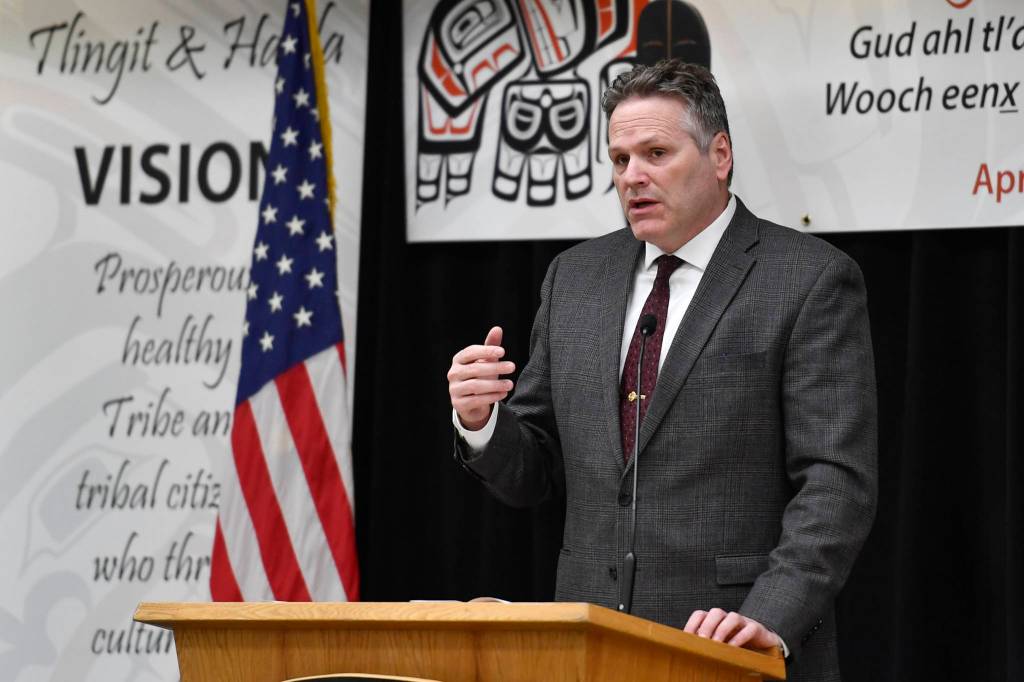 Gov. Mike Dunleavy speaks during the opening of the 84th annual Tribal Assembly of the Central Council of Tlingit and Haida Indian Tribes of Alaska at the Elizabeth Peratrovich Hall on Wednesday, April 10, 2019. (Michael Penn | Juneau Empire)
