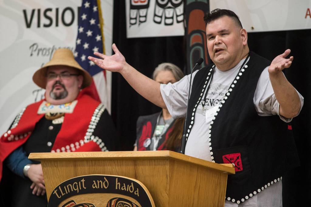 Alfie Price gives the Tlingit and Tsimshian words of the day during the opening of the 84th annual Tribal Assembly of the Central Council of Tlingit and Haida Indian Tribes of Alaska at the Elizabeth Peratrovich Hall on Wednesday, April 10, 2019. (Michael Penn | Juneau Empire)