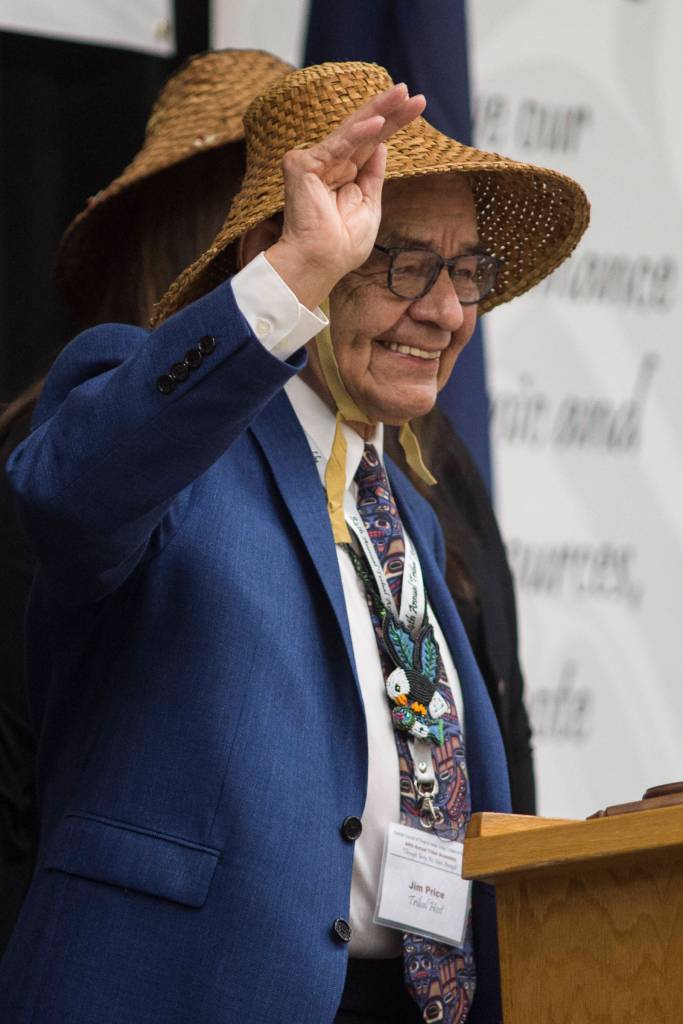 Tribal Host Jim Price is introduced during the opening of the 84th annual Tribal Assembly of the Central Council of Tlingit and Haida Indian Tribes of Alaska at the Elizabeth Peratrovich Hall on Wednesday, April 10, 2019. (Michael Penn | Juneau Empire)