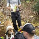 Starr Parmley, standing, and Zach Rhoades are pictured with a dog they helped rescue from a cliff near Perseverance Trail. (Courtesy Photo | Zach Rhoades)