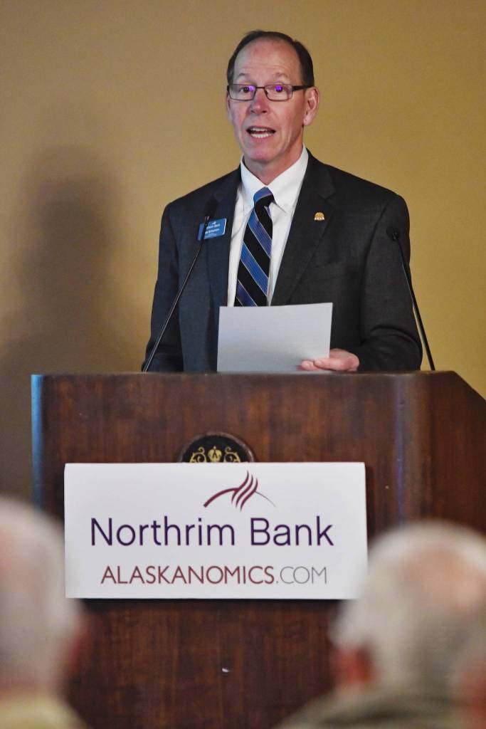 Joe Schierhorn, President, CEO and COO of Northrim Bank, speaks during the 2019 Alaska Economic Luncheon sponsored by Northrim Bank at the Baranof Hotel on Monday, April 15, 2019. (Michael Penn | Juneau Empire)