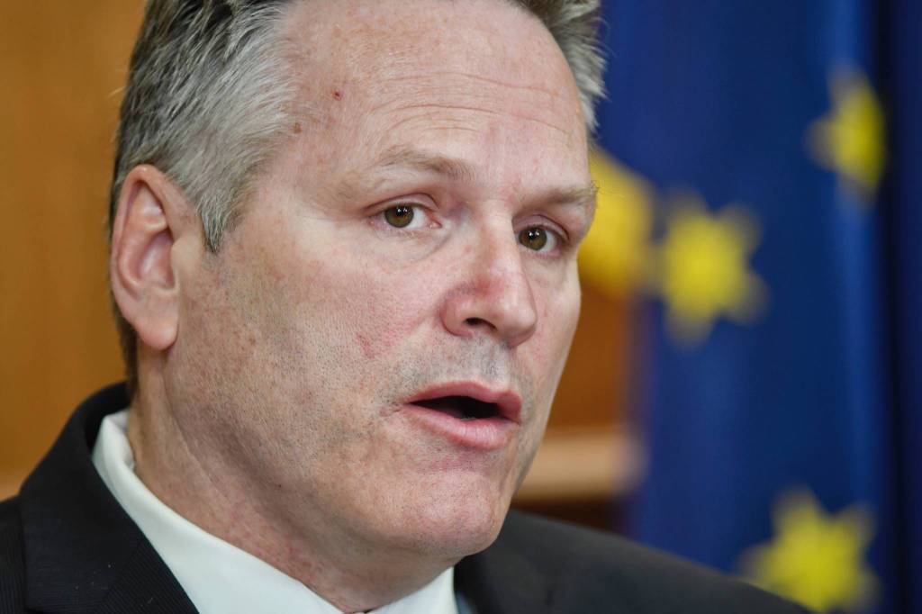 Gov. Mike Dunleavy speaks during a press conference at the Capitol on Tuesday, April 9, 2019. (Michael Penn | Juneau Empire)