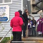 Bishop Andrew Bellisario holds a short prayer at the Cathedral of the Nativity of the Blessed Virgin Mary in downtown Juneau on Wednesday, April 17, 2019. (Michael Penn | Juneau Empire)