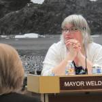 Juneau Mayor Beth Weldon listens to Travel Juneau President and CEO Liz Perry discuss Travel Juneaus funding requests during a Finance Committee Meeting, Wednesday, April 17, 2019.(Ben Hohenstatt | Juneau Empire)
