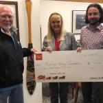 The Healing Hand Foundation recently received a $500 donation from Wells Fargo bank. The donation was presented by Karen West, Wells Fargo vice president, center, and Patrick Ryland, senior business relationship manager, right, to Joe Kahklen, left, board president of the Healing Hand Foundation. (Courtesy Photo)